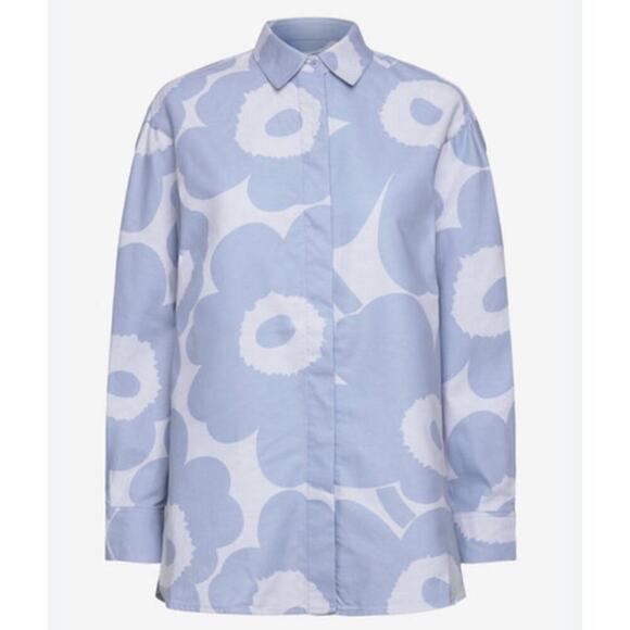 Marimekko Ruoste Unikko Button Down Blouse in Blue Poppy Women's 40 Large - Picture 2 of 8